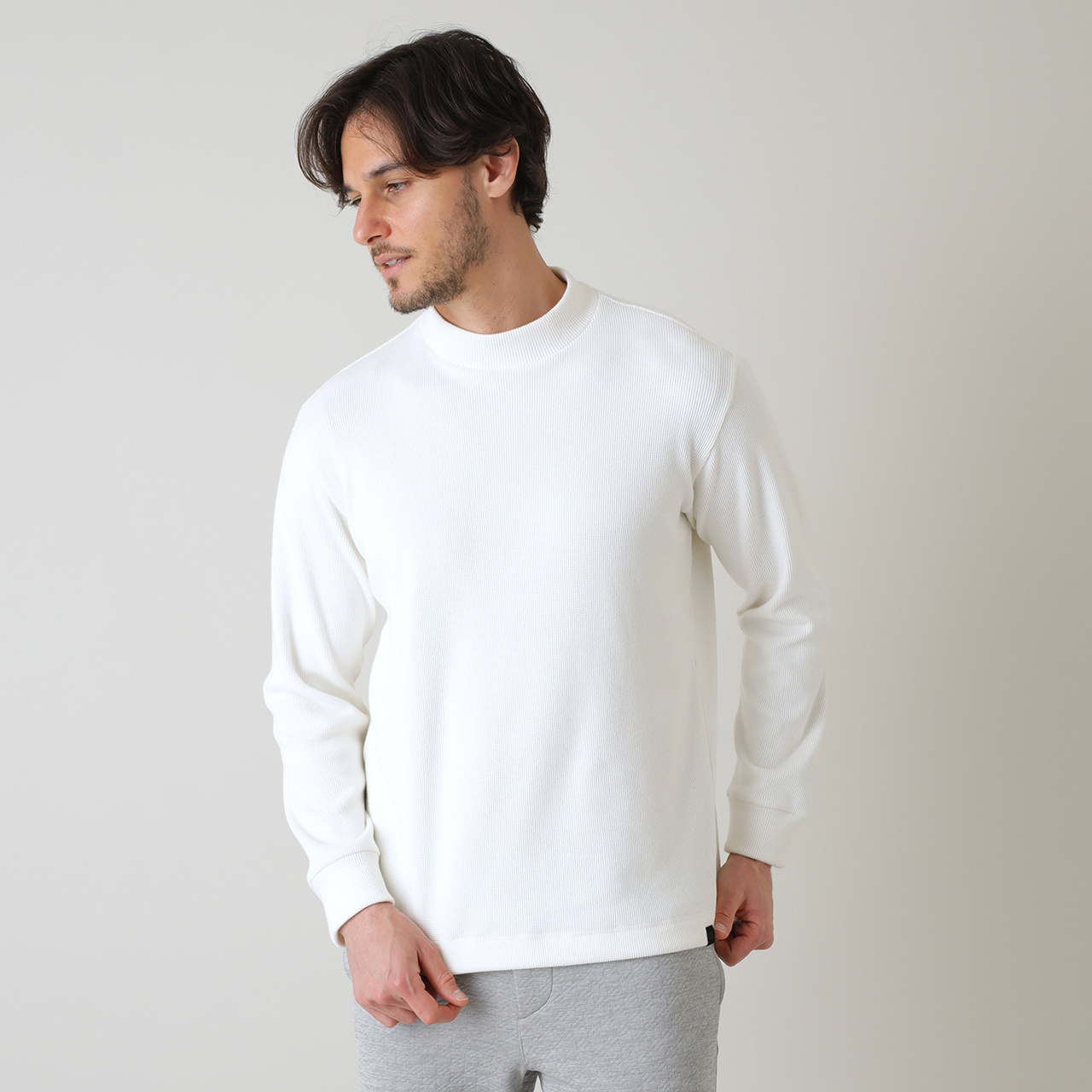 長袖ワッフル胸ポケットセミモックネック(MENS)