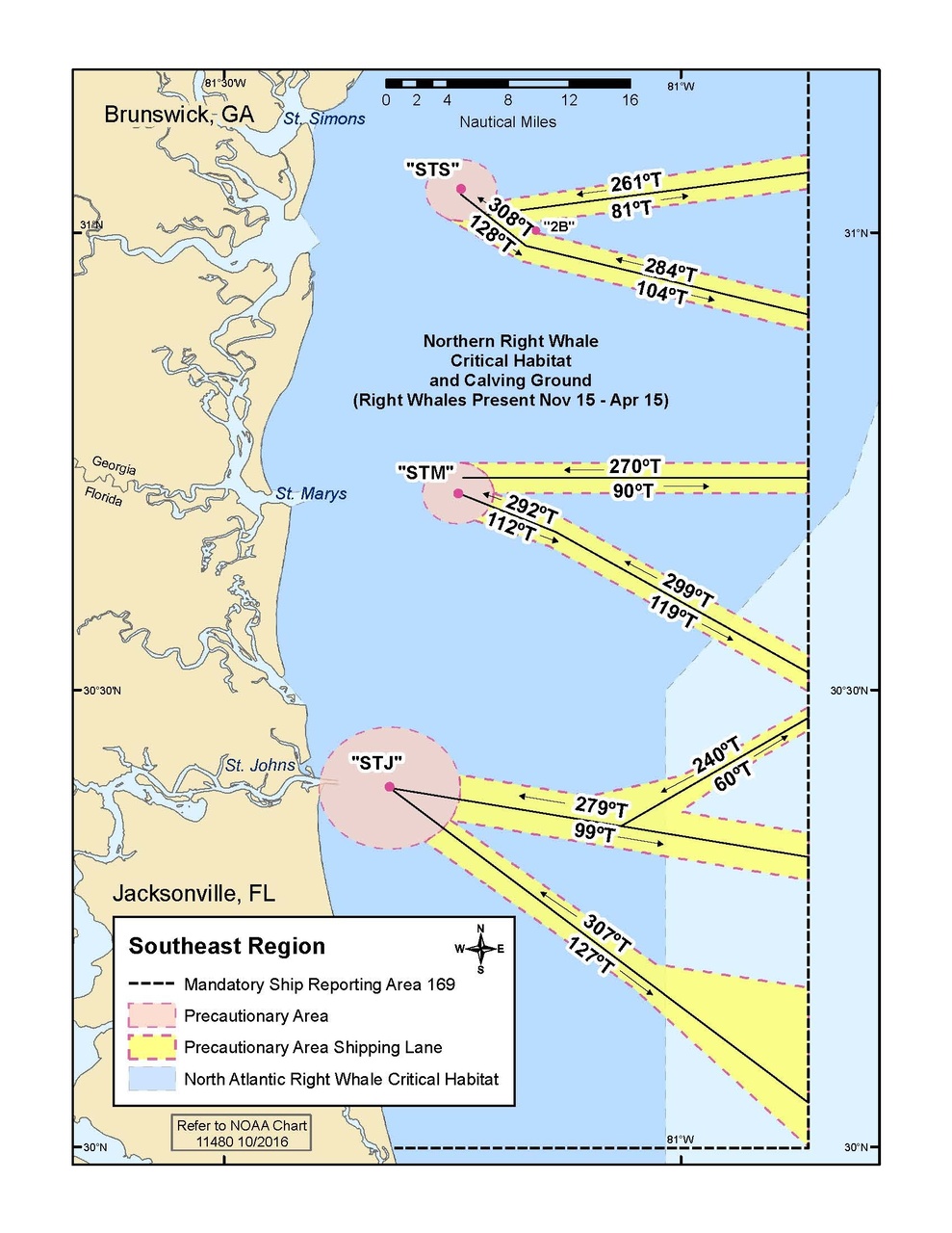 This is a map of recommended shipping lanes to protect whales in the Southeast Region.