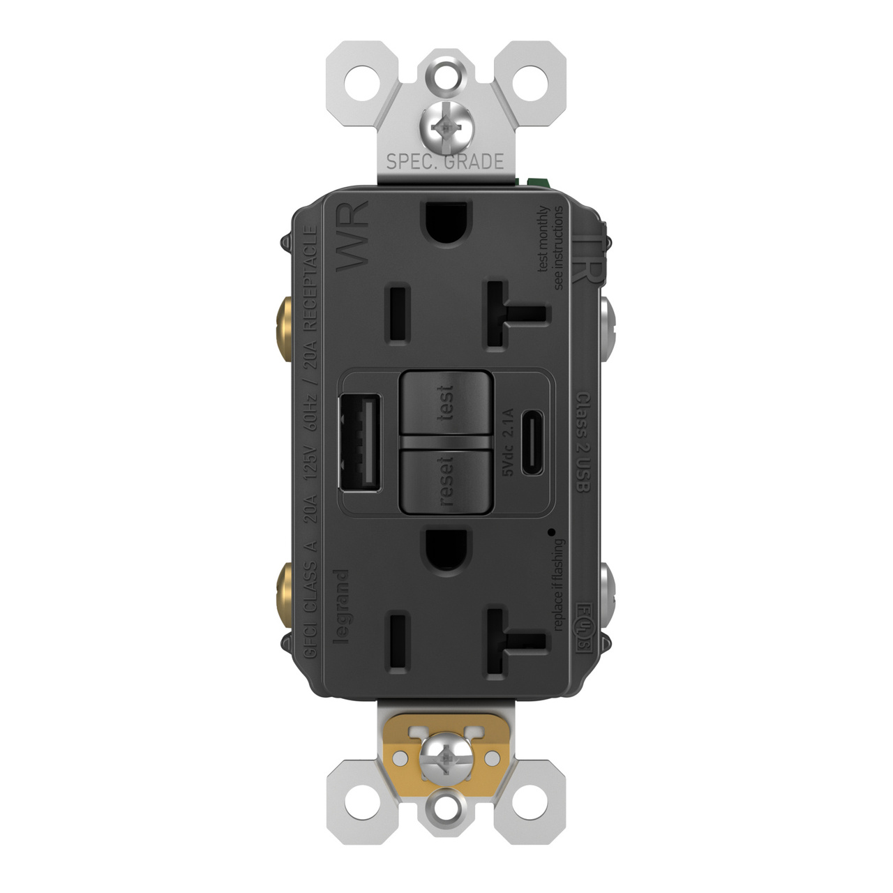 radiant® 20A Tamper-Resisant Outdoor Self-Test GFCI USB Type-A/C Outlet