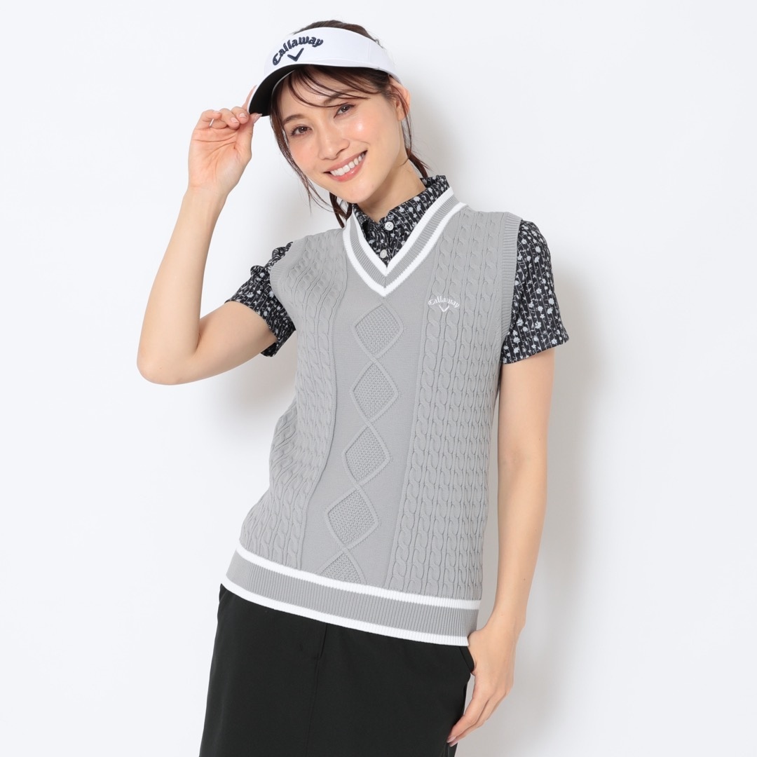 ニットベストVネック シンプル ベーシック 袖なし 手洗い可 ゴルフ ケーブル編みVネックニットベスト (WOMENS)