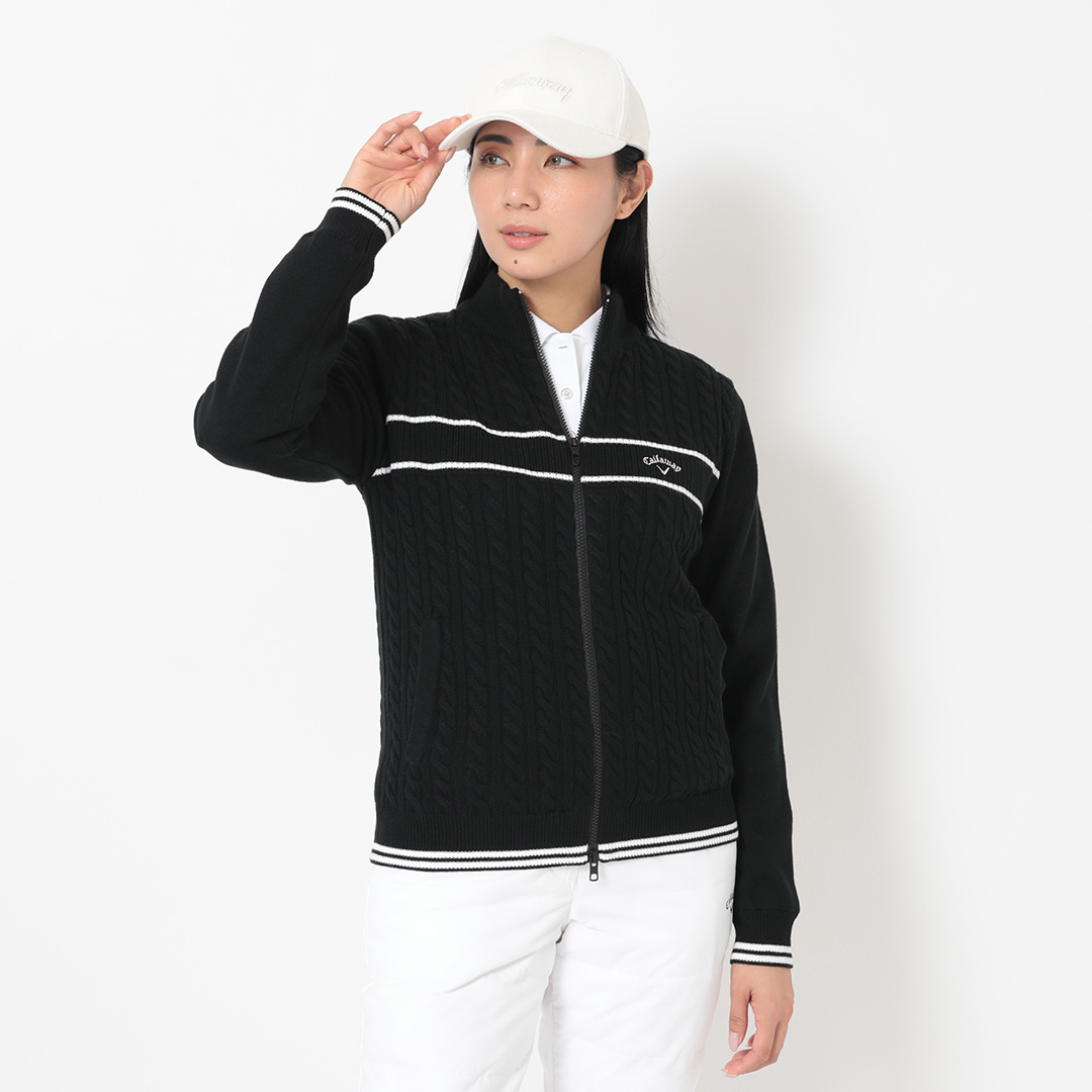 ケーブル編みフルジップ防風裏地付きアクリルニット (WOMENS)