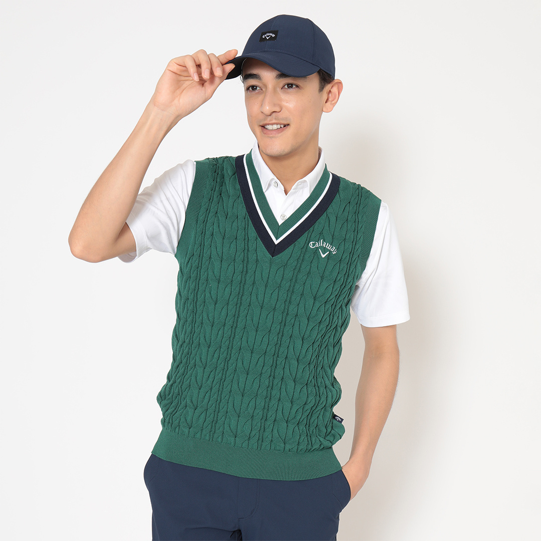 ミニケーブル編みVネックニットベスト (MENS)