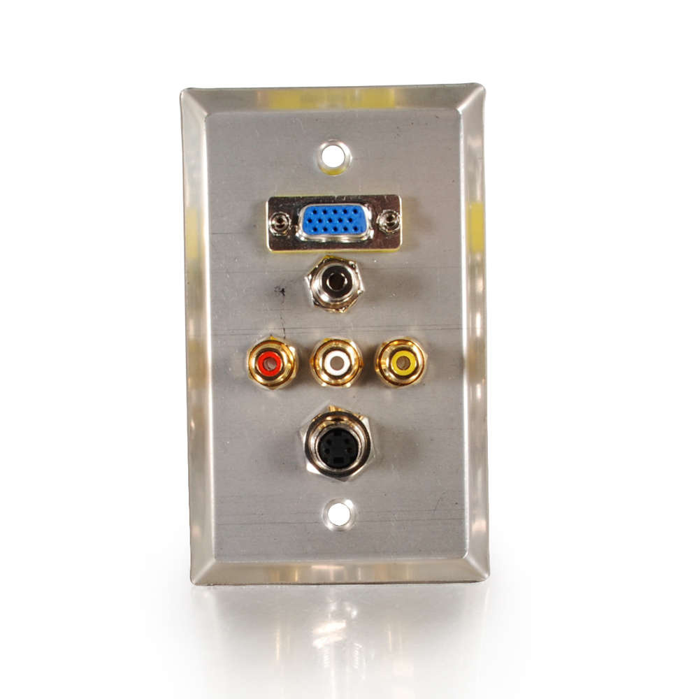 VGA, 3.5mm Audio, S-Video, Composite Video and RCA Stereo Audio Pass Through Single Gang Wall Plate - Stainless Steel (TAA)