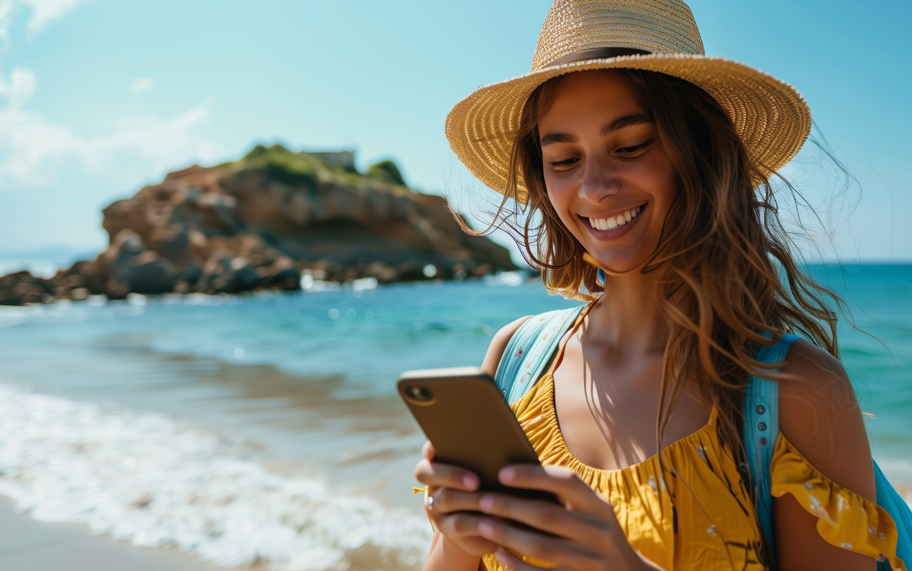 Une femme utilise son smartphone sur une plage ensoleillée