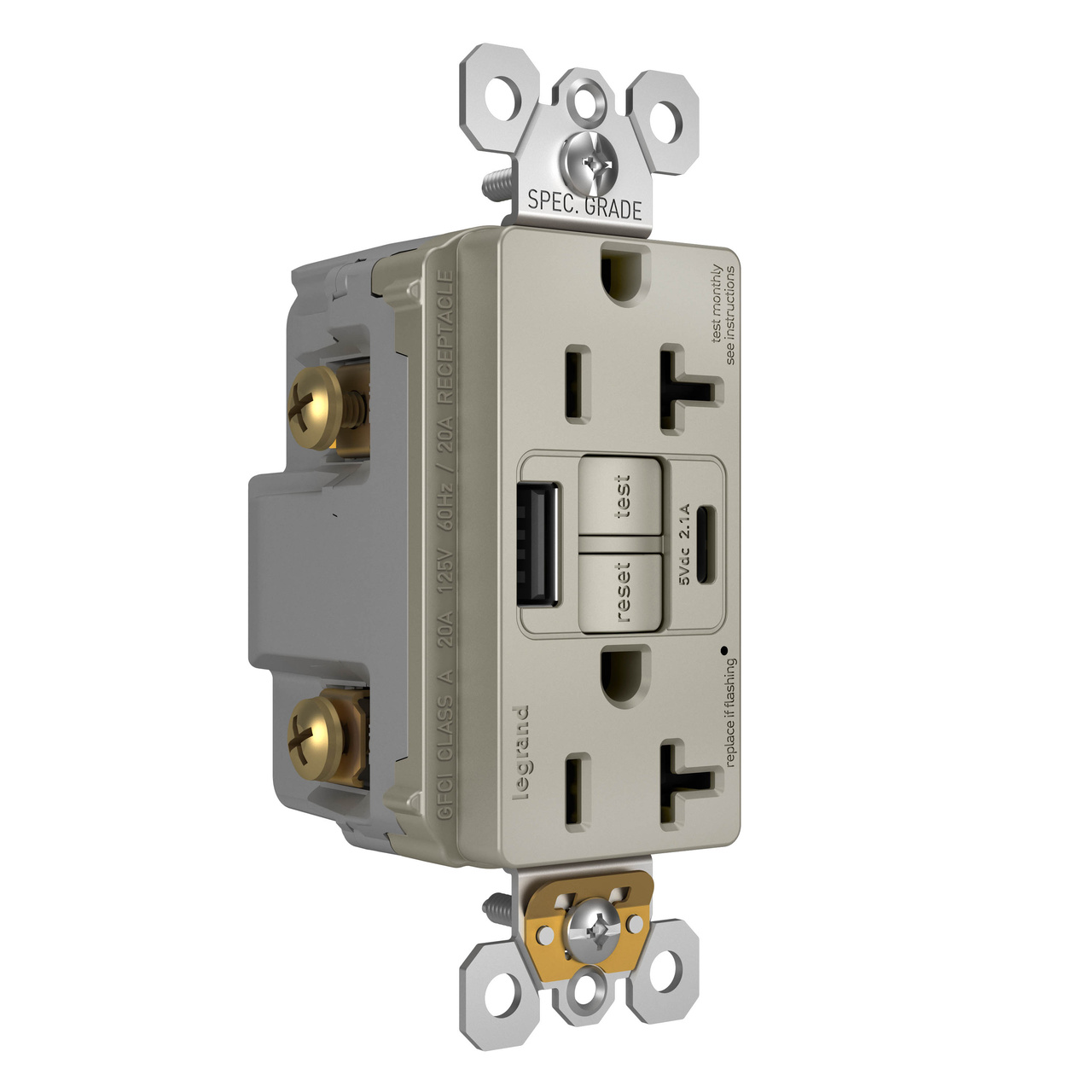 radiant Collection 20 amp GFCI USB Type A/C Outlet in Nickel
