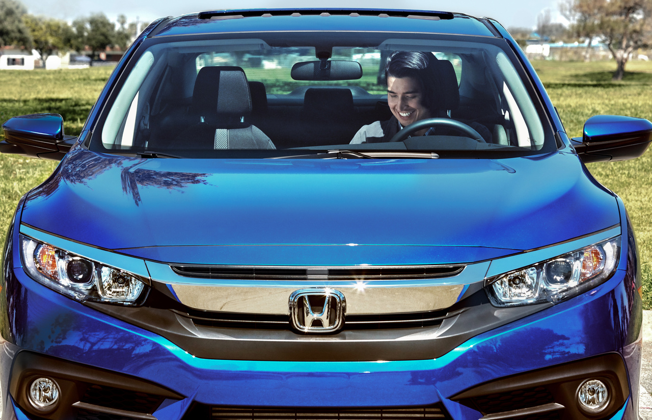 Front of a blue 2017 Honda Civic.
