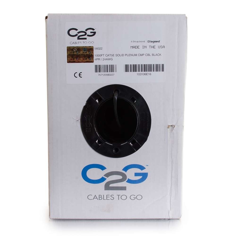 Cat5e Bulk Unshielded (UTP) Ethernet Network Cable with Solid Conductors - Plenum CMP-Rated - Black (TAA)