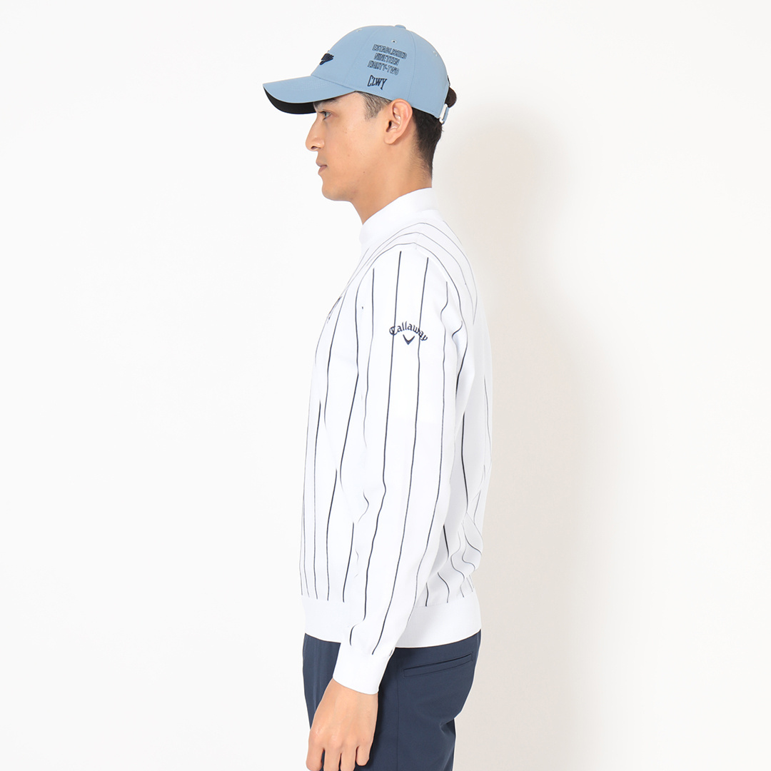 ストライプインターシャクルーネック長袖ニット (MENS)