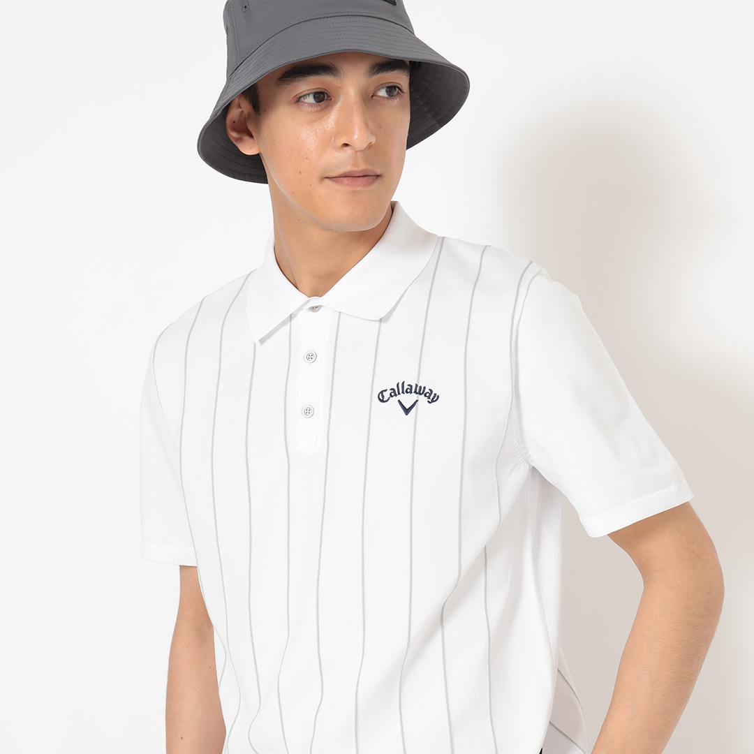 ストライプインターシャ半袖ニットポロ (MENS)