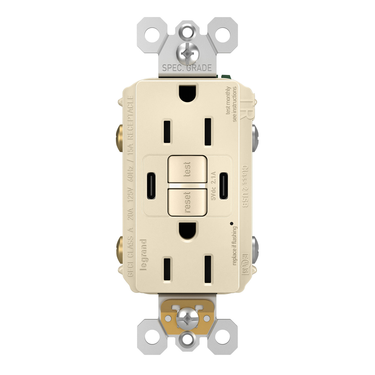 radiant Collection GFCI USB Type C/C Outlet in Light Almond