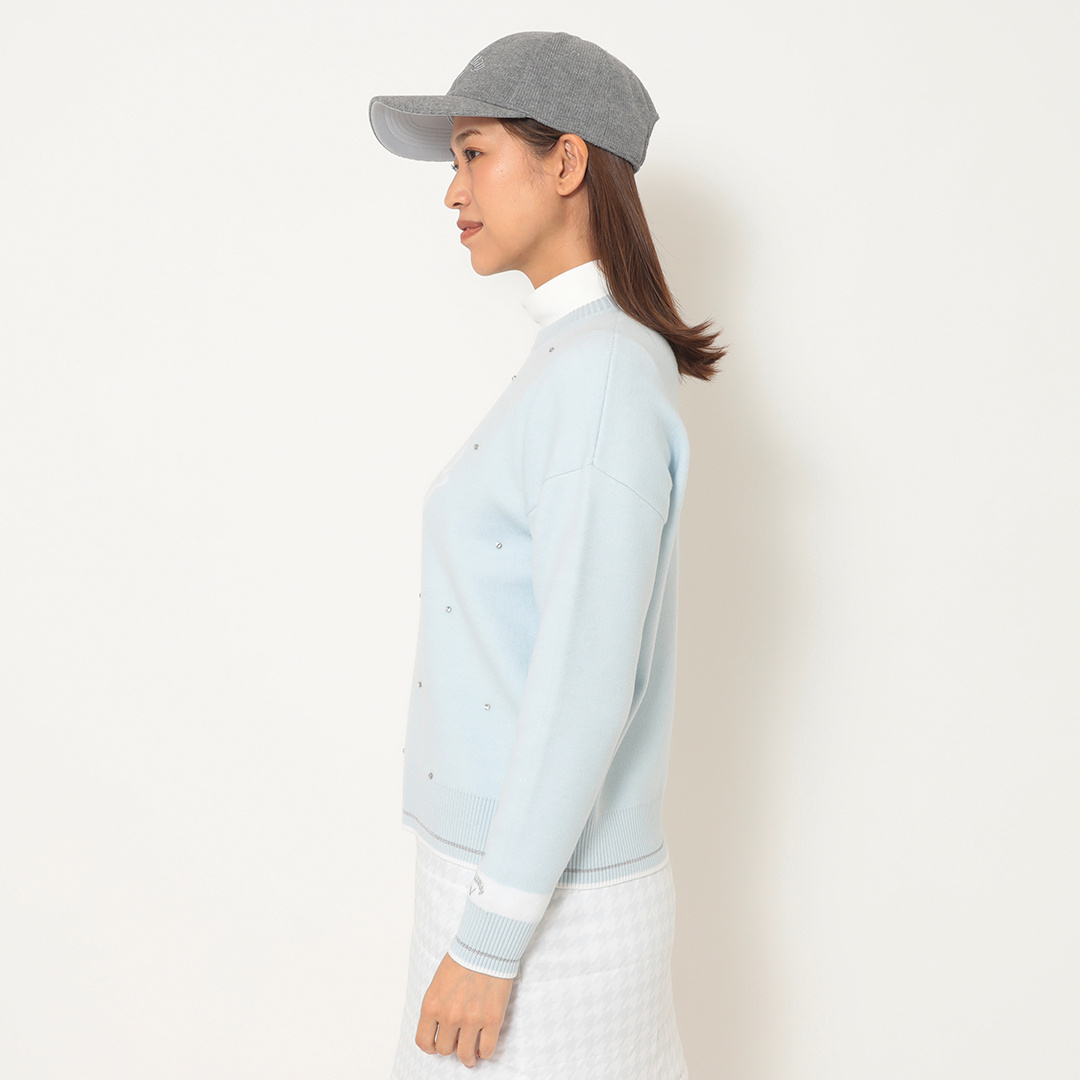 クルーネック長袖ラインストーン付きニット (WOMENS)
