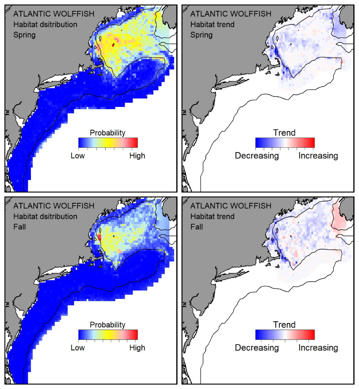 Probable habitat distribution for Atlantic wolffish showing the highest concentration and increasing trend in the Gulf of Maine during the spring. Bottom row: Probable habitat distribution for Atlantic wolffish showing the highest concentration and increasing trend in the Gulf of Maine during the fall.