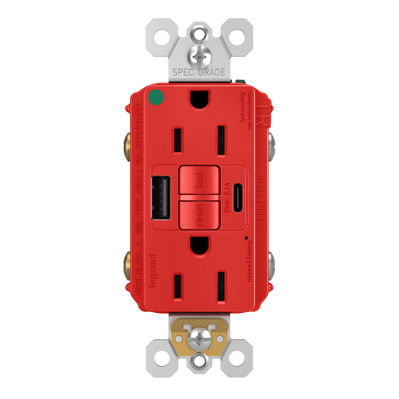 radiant® 15A Hospital-Grade Tamper-Resisant Self-Test GFCI USB Type-A/C Outlet