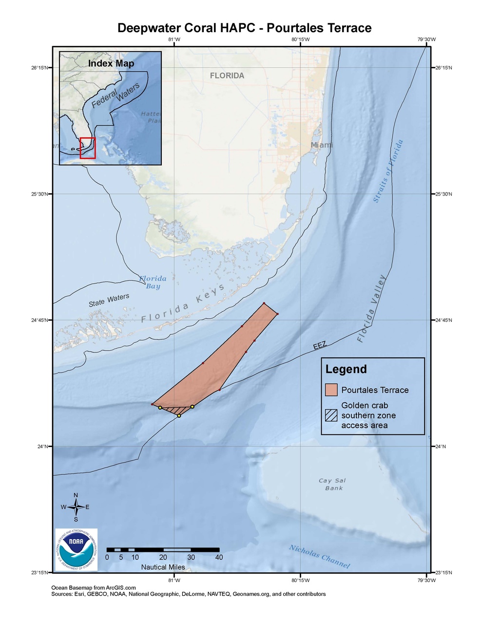 This is a map of Pourtales Terrace Deepwater Coral HAPC in the South Atlantic Region.
