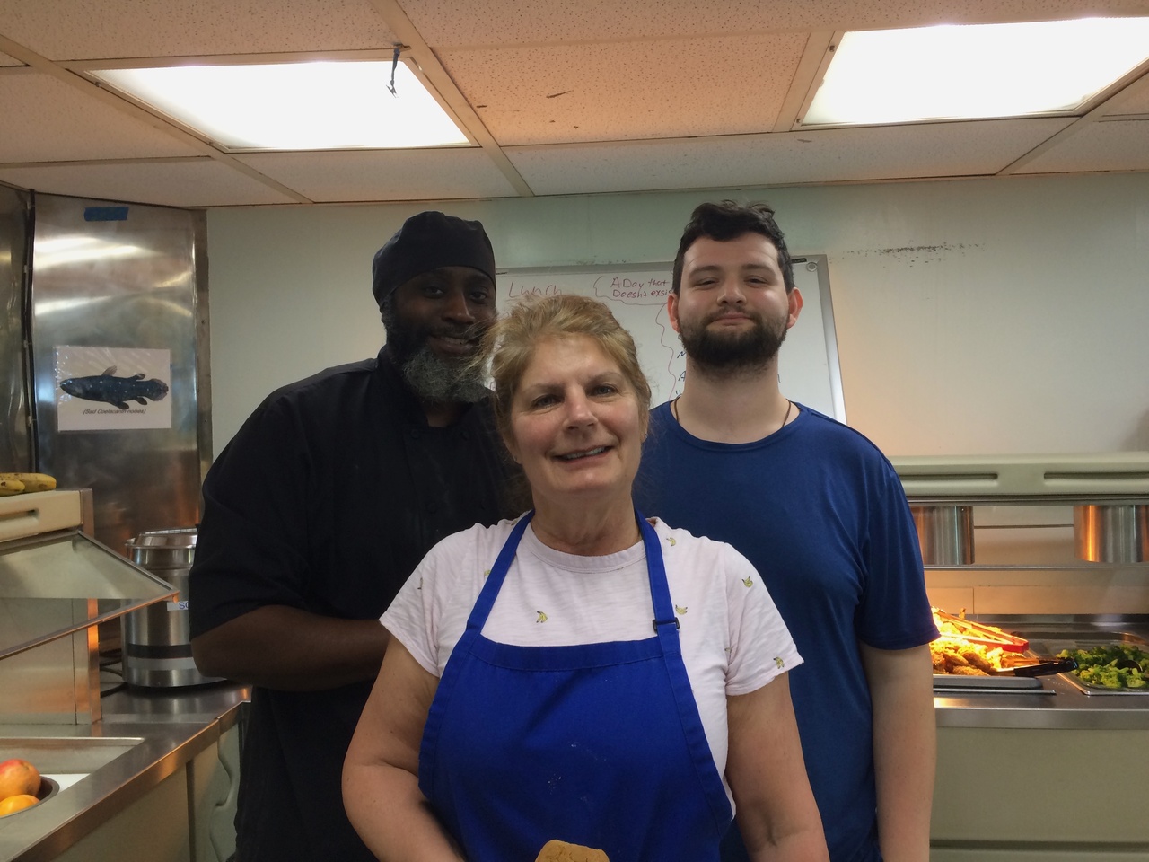 It takes many people aboard the <i>Sette</i> to make WHICEAS a success, and one of the hardest crews work in the galley. Stewards Chris Williams, Patrick Fennell, and Susan Swartz work all day to keep our crew happy and fed! Photo: NOAA Fisheries/Suzanne Yin.