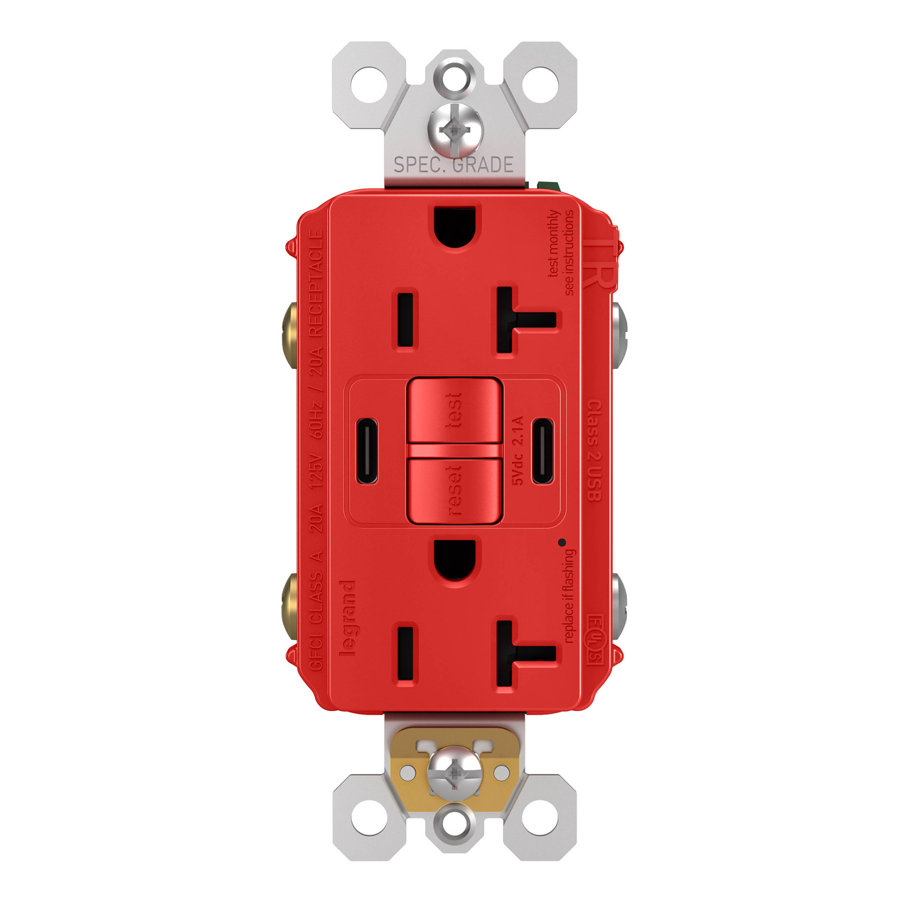 radiant Collection 20 amp GFCI USB Type C/C Outlet in Red