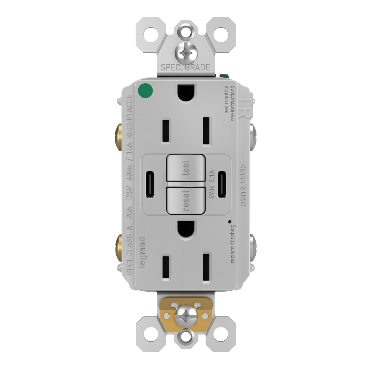 radiant® 15A Hospital-Grade Tamper-Resisant Self-Test GFCI USB Type-C/C Outlet