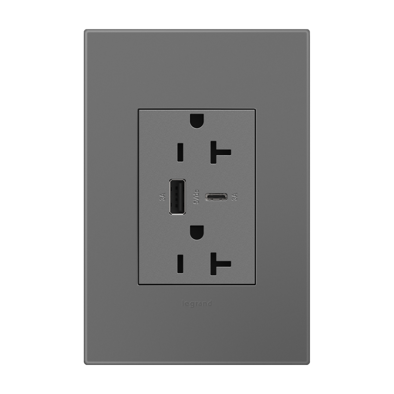 adorne USB Type A/C outlet in magnesium with wall plate