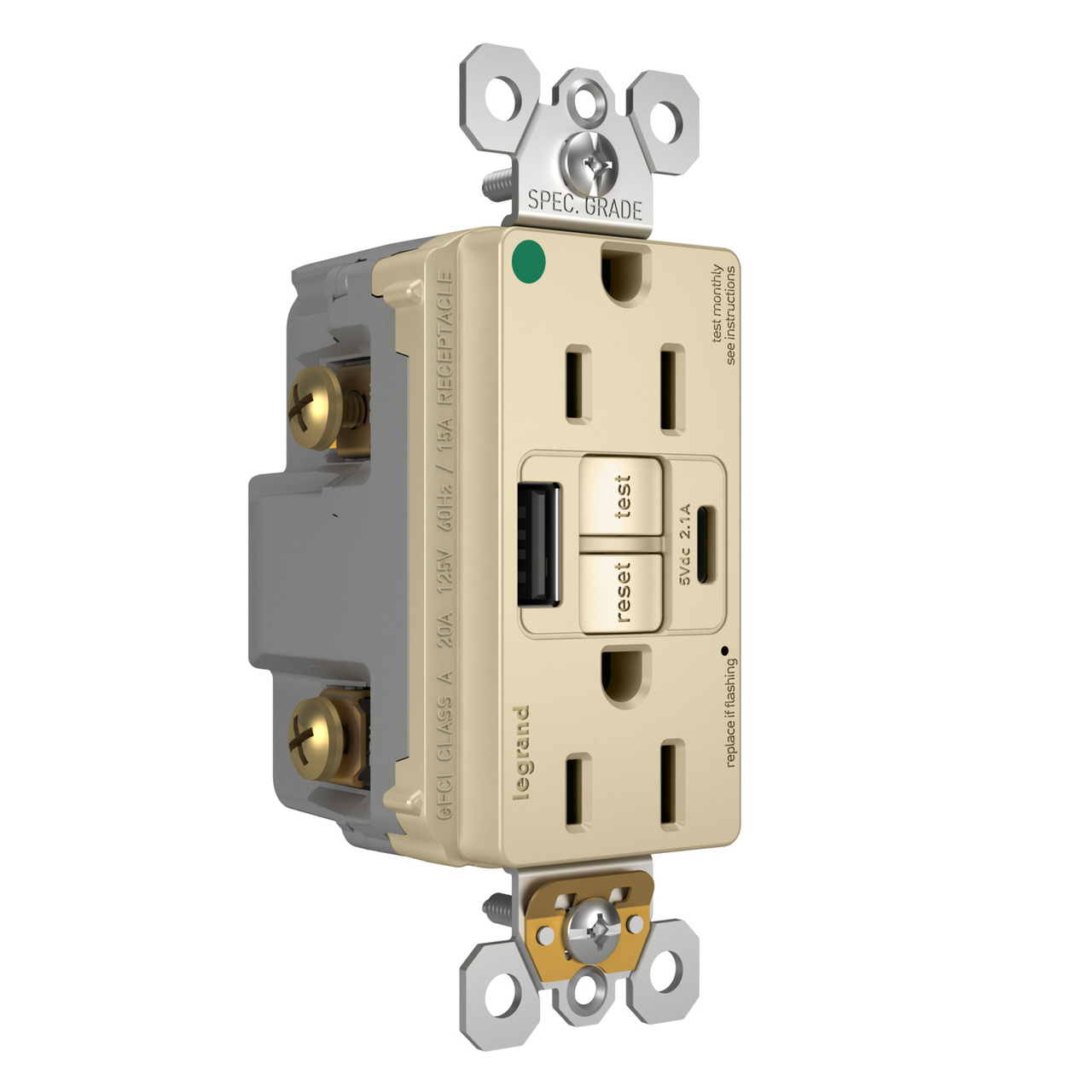 radiant® 15A Hospital-Grade Tamper-Resisant Self-Test GFCI USB Type-A/C Outlet