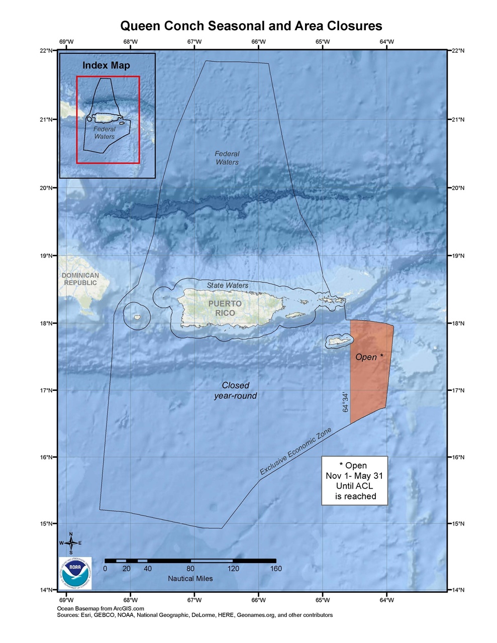 This is a map of queen conch seasonal and area closure in the eastern U.S. Caribbean.