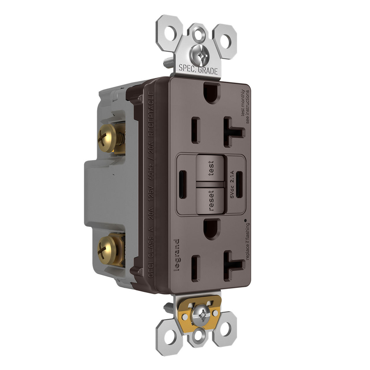 radiant Collection 20 amp GFCI USB Type C/C outlet in Brown