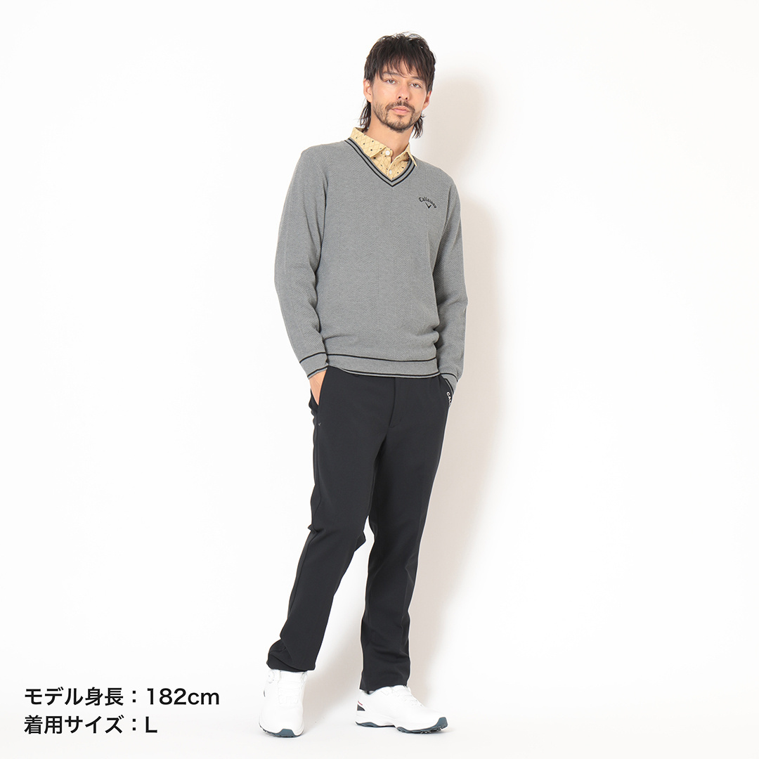 へリンボン編みポリエステルVネックニット (MENS)