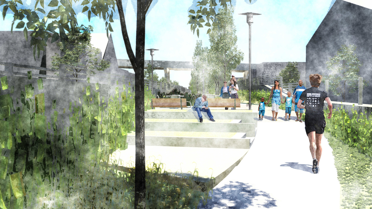 A rendering of the 23rd Street intersection of the Rotary Trail with the small amphitheater to the right of the sidewalk | Image: Goodwyn Mills Cawood A rendering of the 23rd Street intersection of the Rotary Trail with the small amphitheater to the right of the sidewalk | Image: Goodwyn Mills Cawood