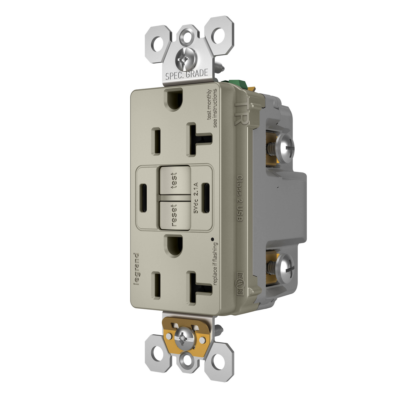 radiant Collection 20 amp GFCI USB Type C/C Outlet in Nickel