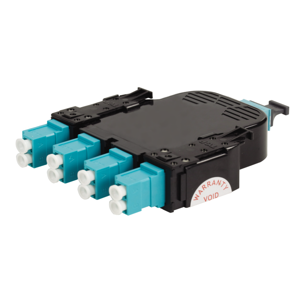 8-FIBER OM3 HDCA CASSETTE WITH 8 LC DUPLEX ADAPTERS TO 1 MPO F- METHOD A - AQUA