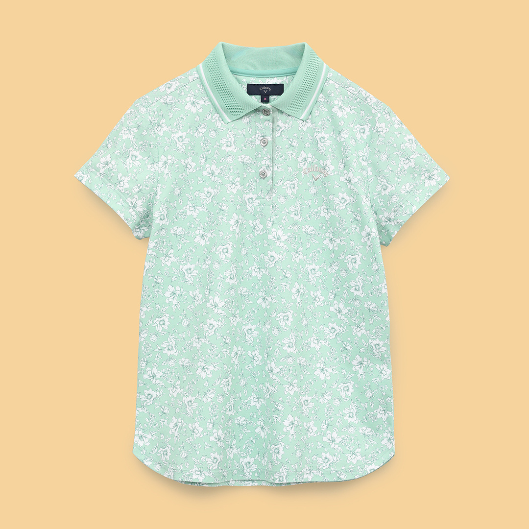 キャロウェイ　ゴルフ　花柄ポロシャツ ミントグリーン フラワープリント半袖ポロシャツ (WOMENS)