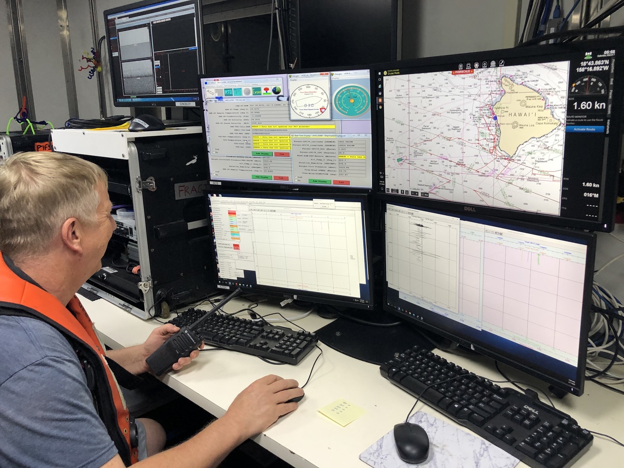 The <i>Sette</i>'s Survey Tech, Steve Eykelhoff, monitors the CTD rossette as it descends to 1,000 m, and then triggers the bottles to collect water at specific depths as it ascends back to the surface. Photo: NOAA Fisheries/Jennifer McCullough.