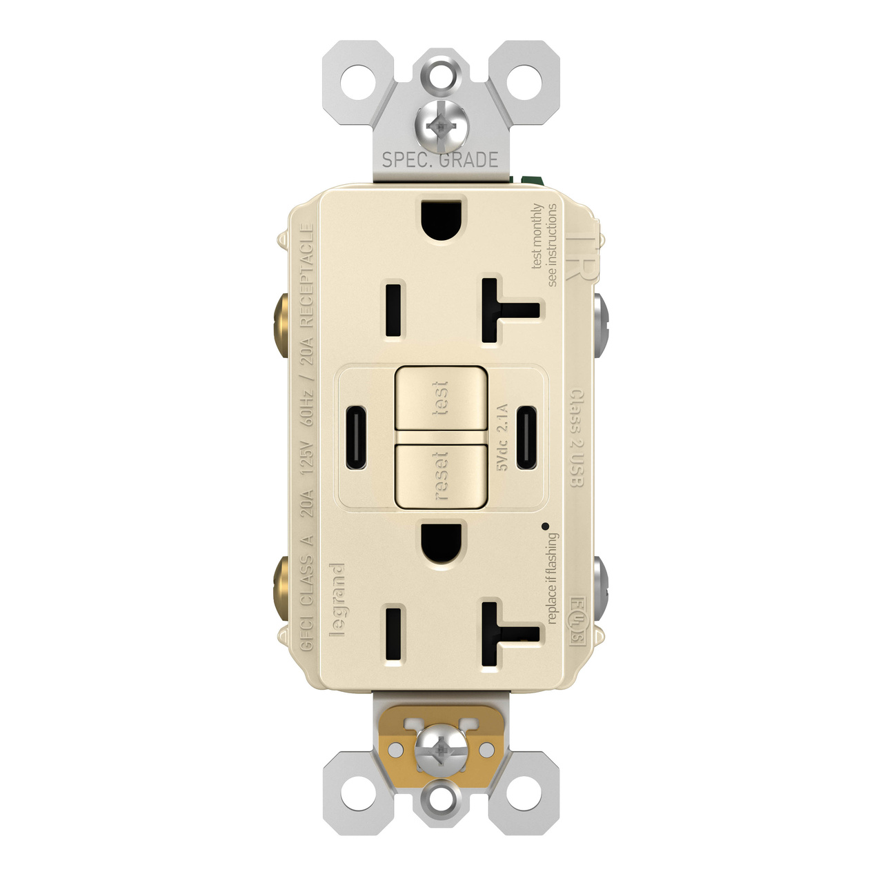 radiant Collection 20 amp GFCI USB Type C/C Outlet in Light Almond