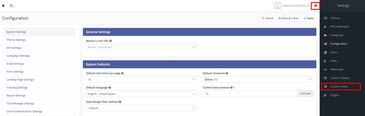 Accessing the custom fields page