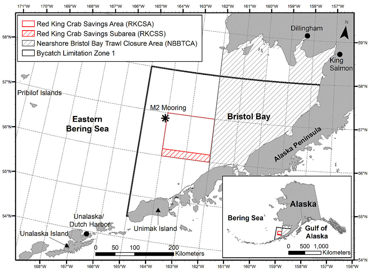 Bristol Bay red king crab occur north of the Alaska Peninsula, primarily within the area outlined in black. The red box and gray lined areas are closed to bottom trawling to protect red king crab.