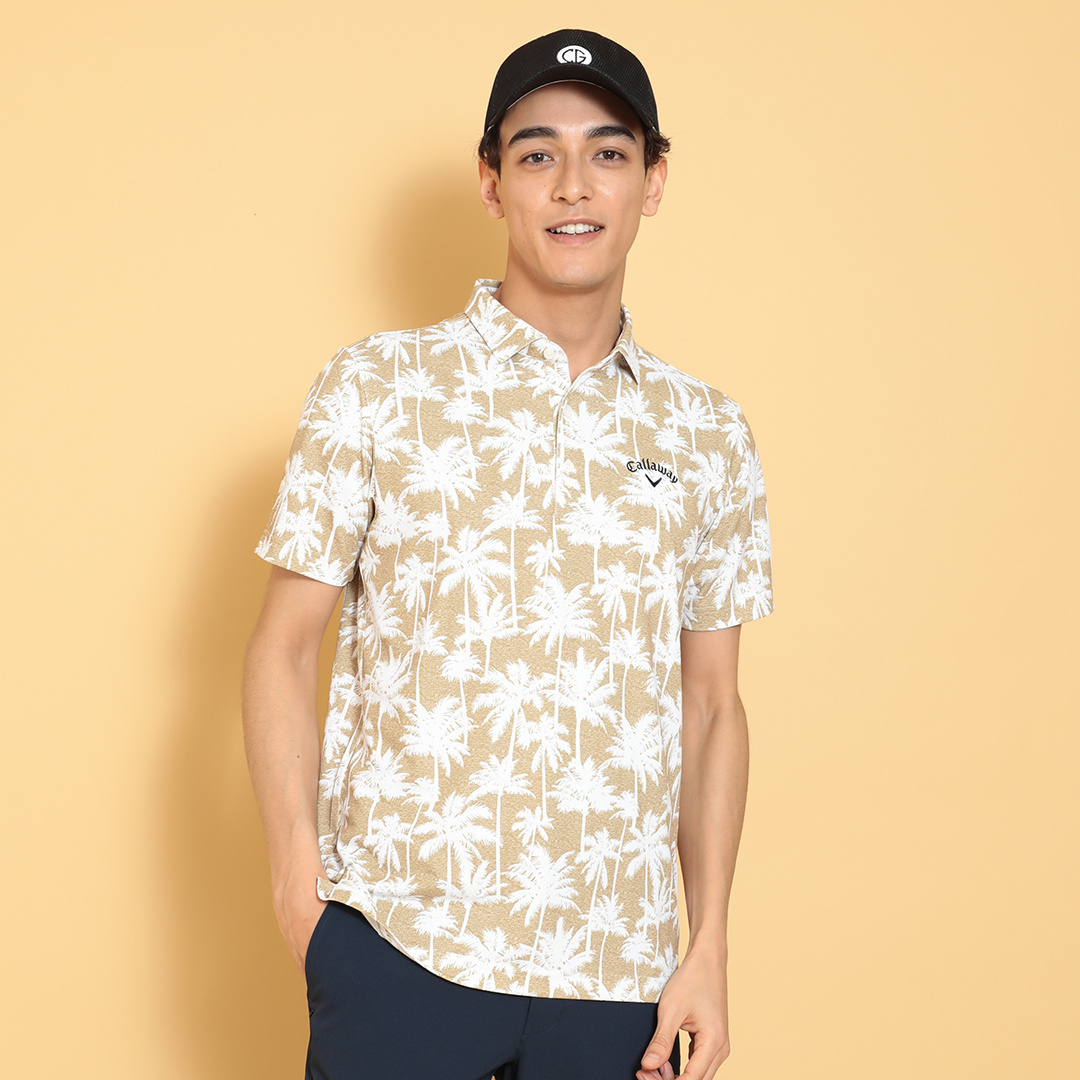 ポリエステルピケヤシ柄半袖シャツ (MENS)