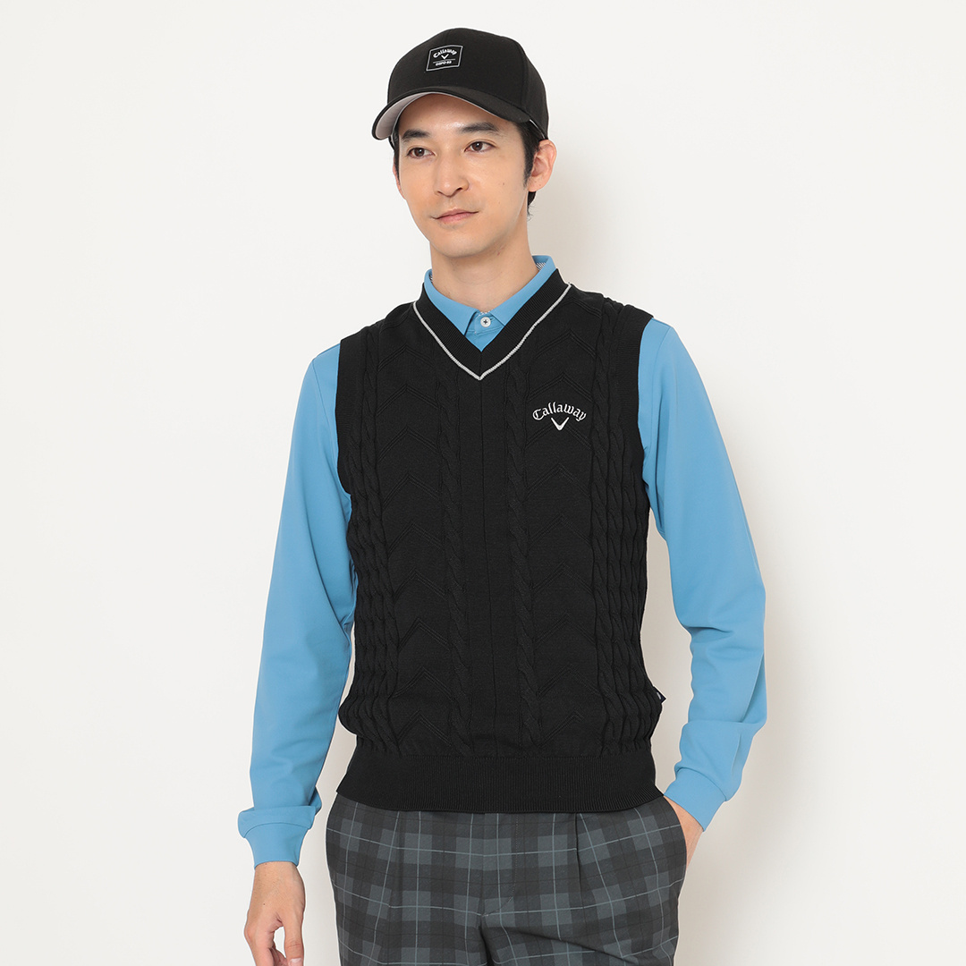 Vネックケーブルニットベスト (MENS)