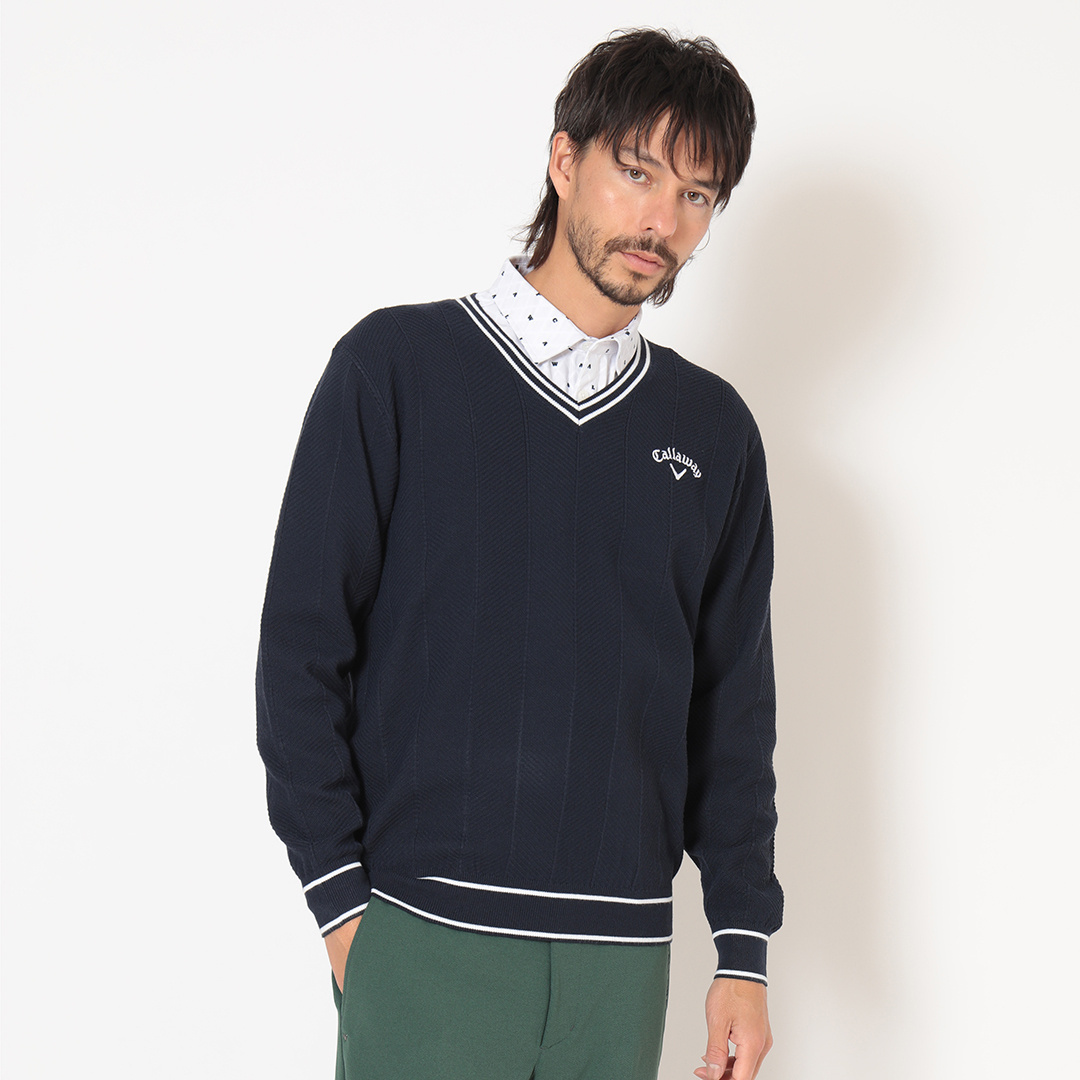 へリンボン編みポリエステルVネックニット (MENS)