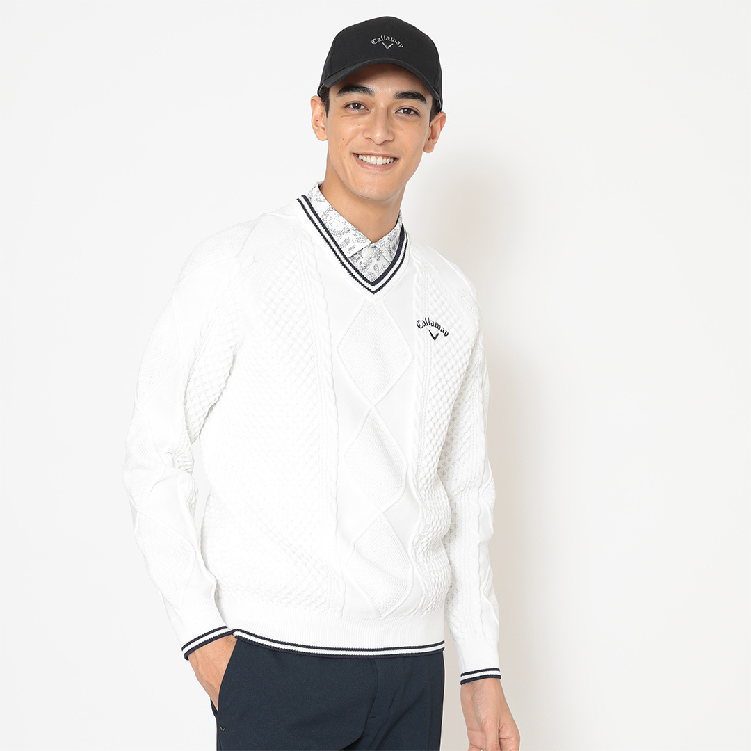 ケーブル編みポリエステルVネックニット (MENS)