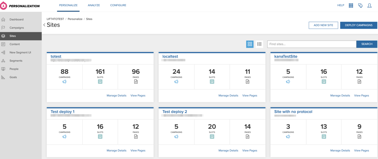 Click Personalize, then Sites to display the Sites page.