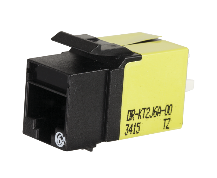 Black keystone jack with yellow label on the right side with OR-KT2J6A-00 3415 TZ written on label