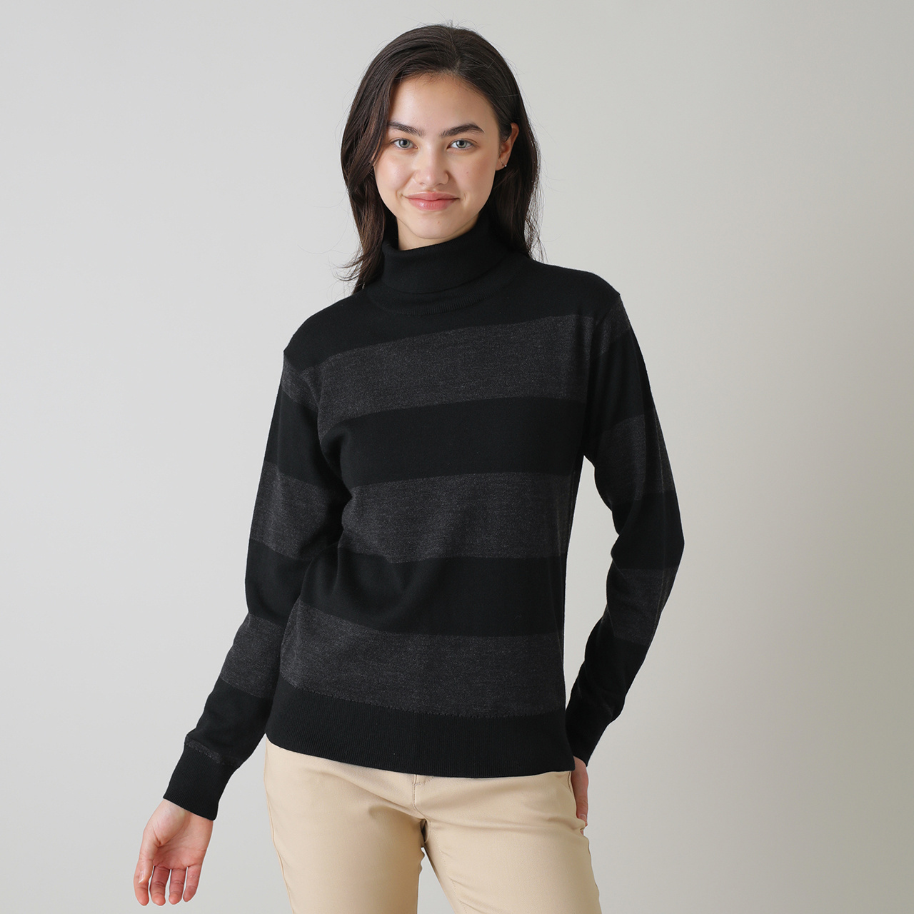 ウール混ストライプ タートルネックセーター(WOMENS)