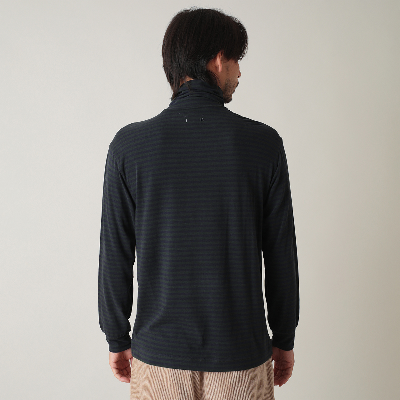 ソフトタッチ ストライプ 長袖 モックネック(MENS)