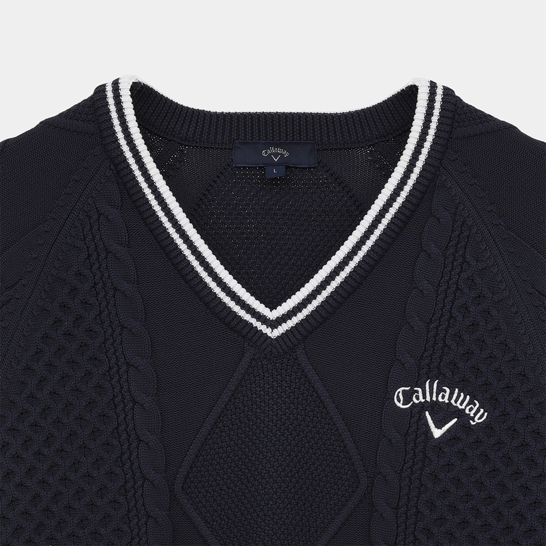 ケーブル編みポリエステルVネックニット (MENS)