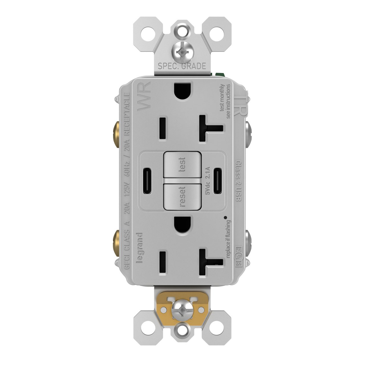 radiant® 20A Tamper-Resisant Outdoor Self-Test GFCI USB Type-C/C Outlet