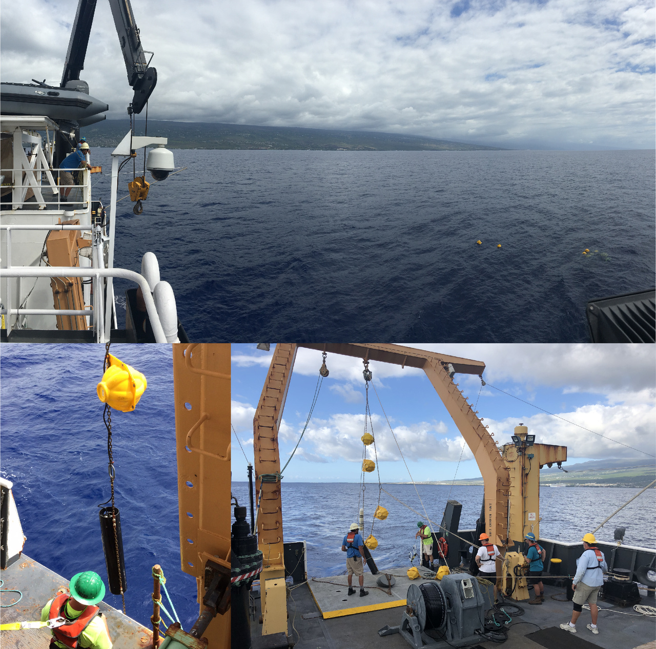 We maintain a long-term dataset of acoustic recordings collected from high-frequency acoustic recording packages (HARPs) from 13 different sites around the world. One site includes a HARP located offshore from Kona, Big Island. Today, the acoustics team led the effort to (top, left image) recover the "old" HARP with data then (right image) redeploy a "new" HARP with an empty hard drive to record new acoustic data. Photo: NOAA Fisheries/Marie Hill and Suzanne Yin.