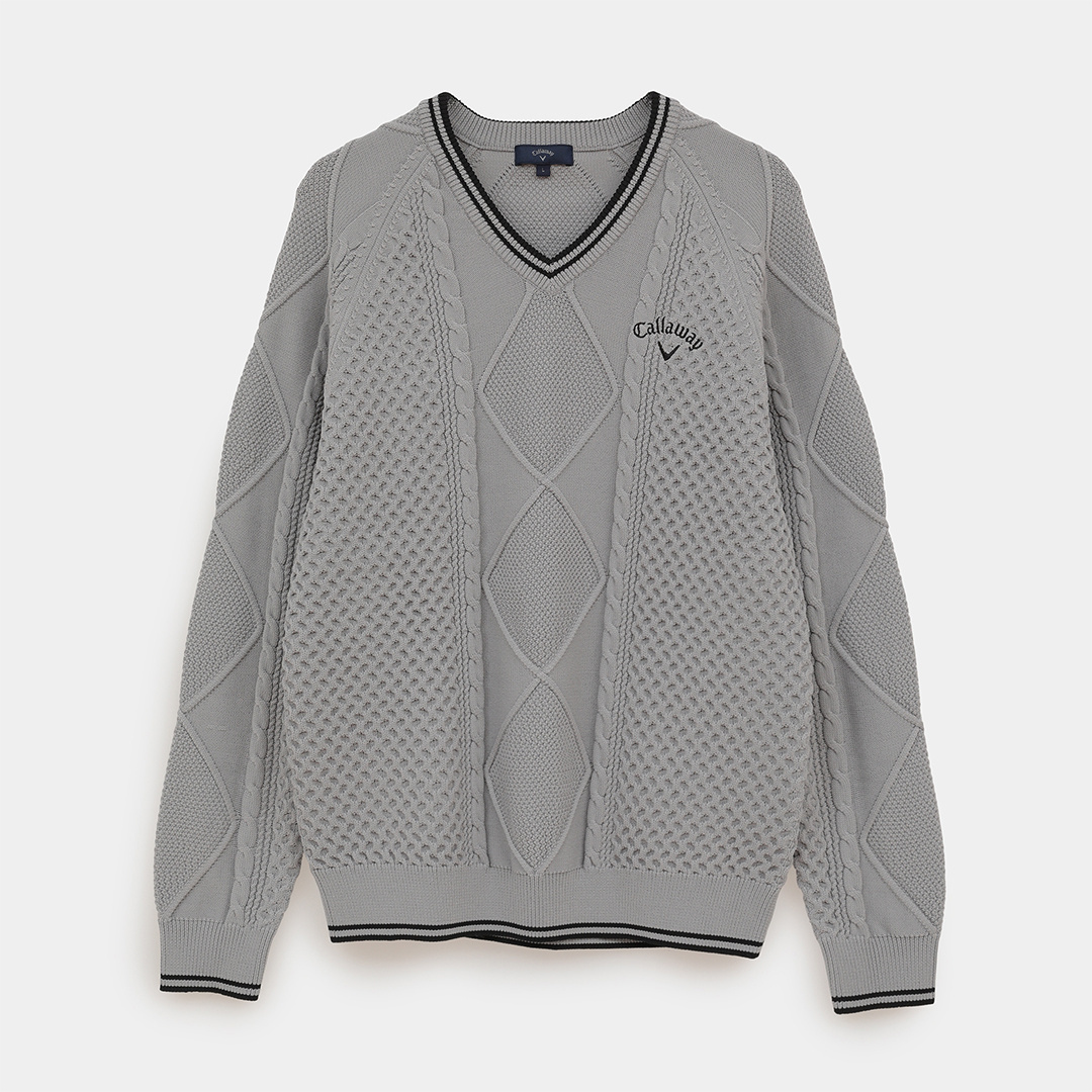 ケーブル編みポリエステルVネックニット (MENS)