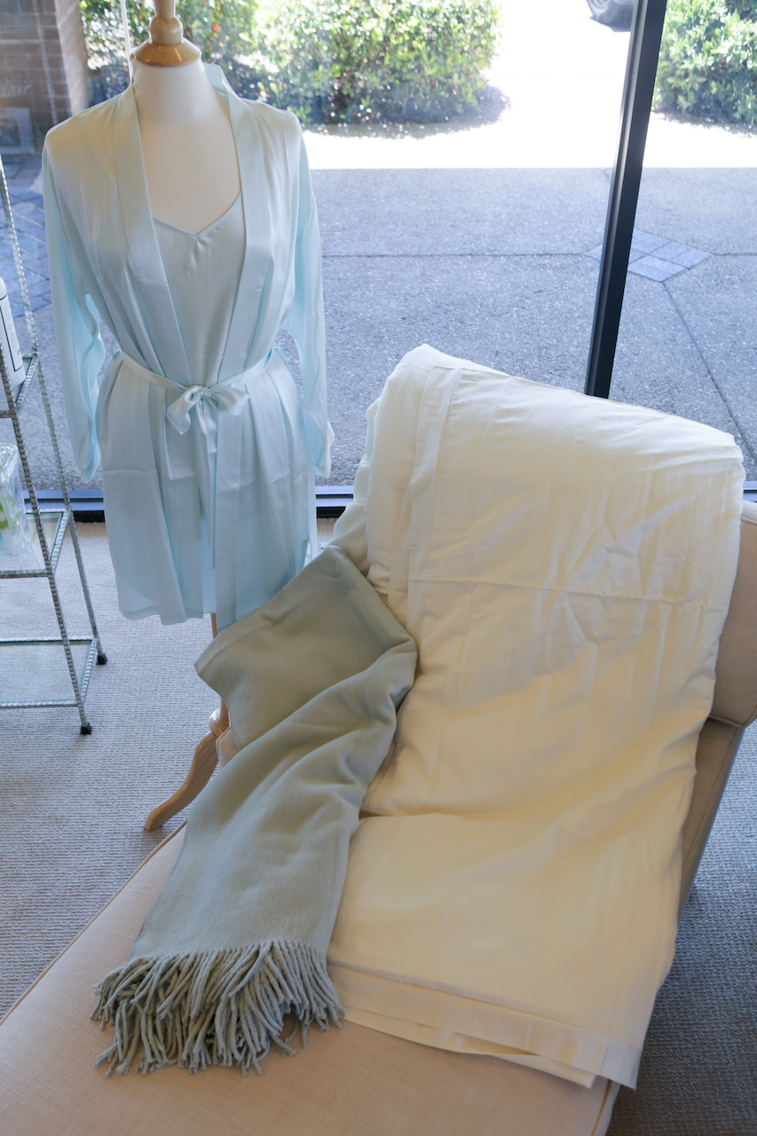 Duvet, $1,080 and duvet cover, $685; silk/fleece throw, $205; silk robe, $172 and charmeuse, $118. From Lisa Mallory Interior Design & Linens Duvet, $1,080 and duvet cover, $685; silk/fleece throw, $205; silk robe, $172 and charmeuse, $118. From Lisa Mallory Interior Design & Linens
