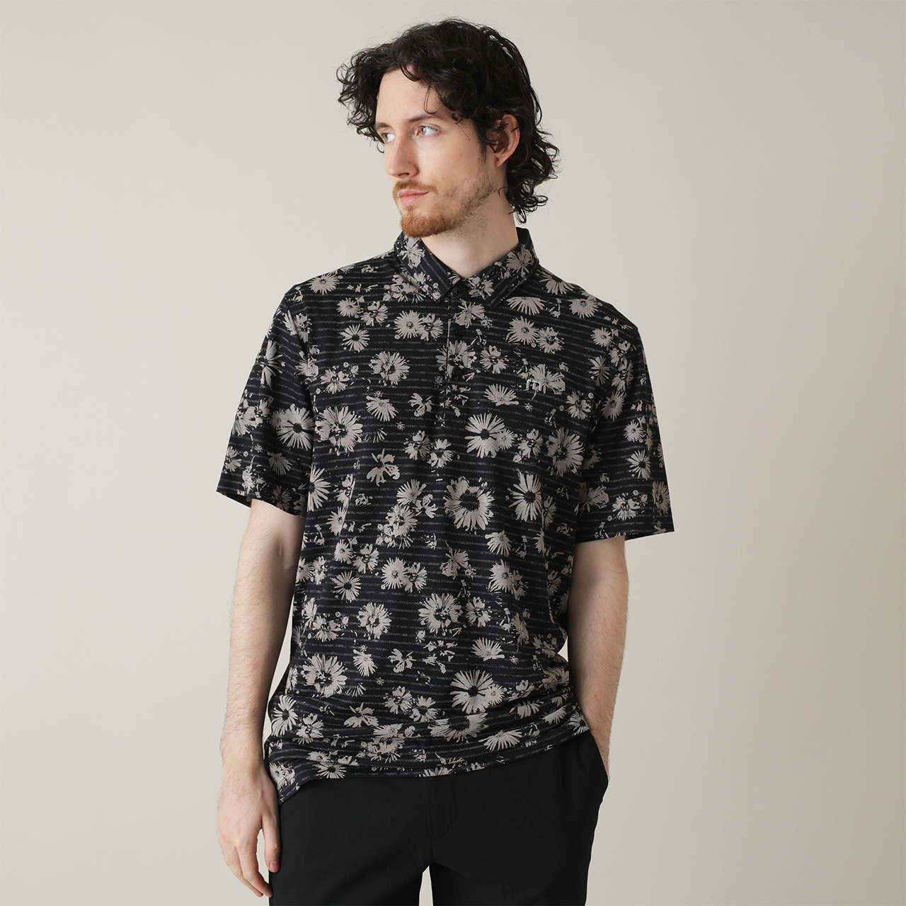 T/C ストライプ フラワープリント 半袖ポロ(MENS)