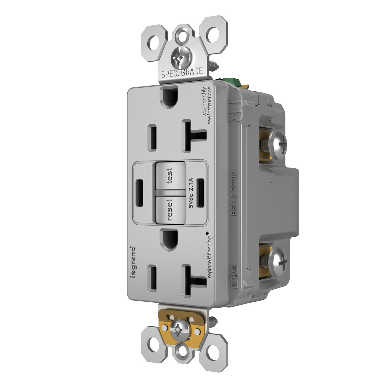 radiant Collection 20 amp GFCI USB Type C/C Outlet in Gray