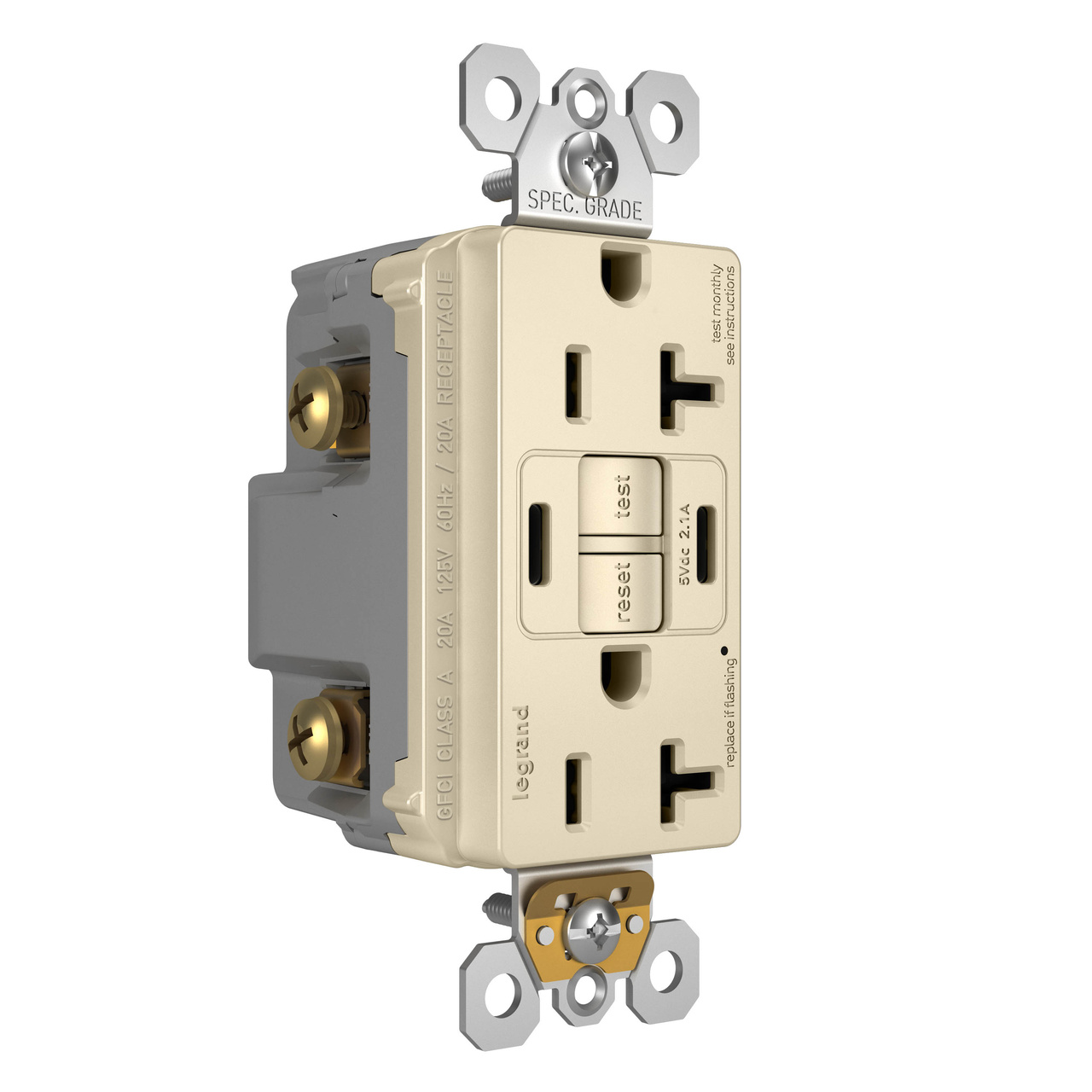 radiant Collection 20 amp GFCI USB Type C/C Outlet in Light Almond